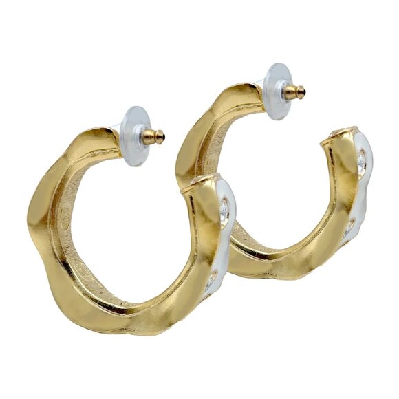 Kenneth Jay Lane 22k Gold Plated White Enamel Hoop Earrings with Crystals - Picture 3 of 9